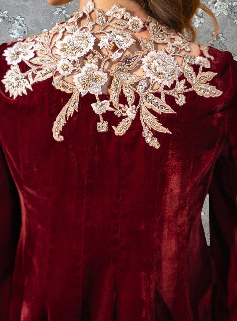 Crimson Velvet Cape Top with Embroidery | Festive Cape Outfit by Pink Tulip PR-0337