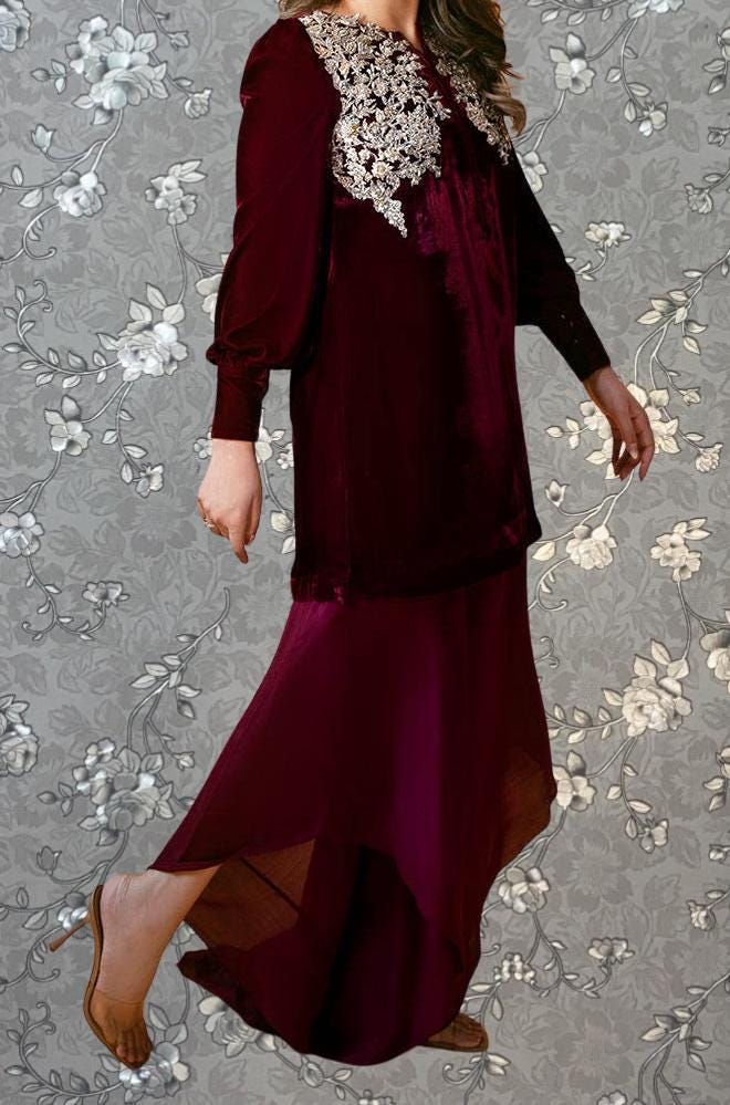 Crimson Velvet Embroidered Formal Suit | 2-Piece Pakistani Outfit by Pink Tulip PR-0335