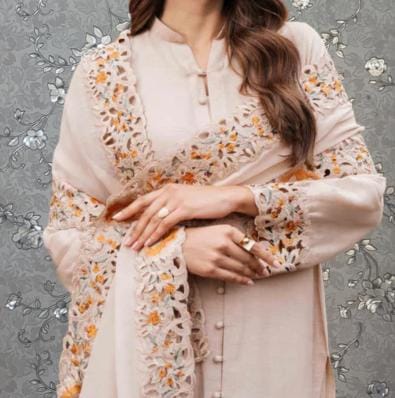 A woman wearing a light pink dress with intricate floral embroidery stands against a gray floral background.