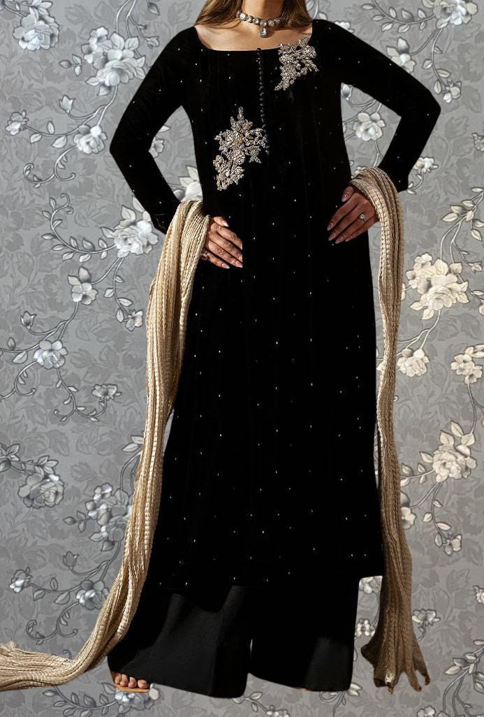Black Velvet Formal Set with Pearl Embellishments | Luxury Wear Pink Tulip PR-0338