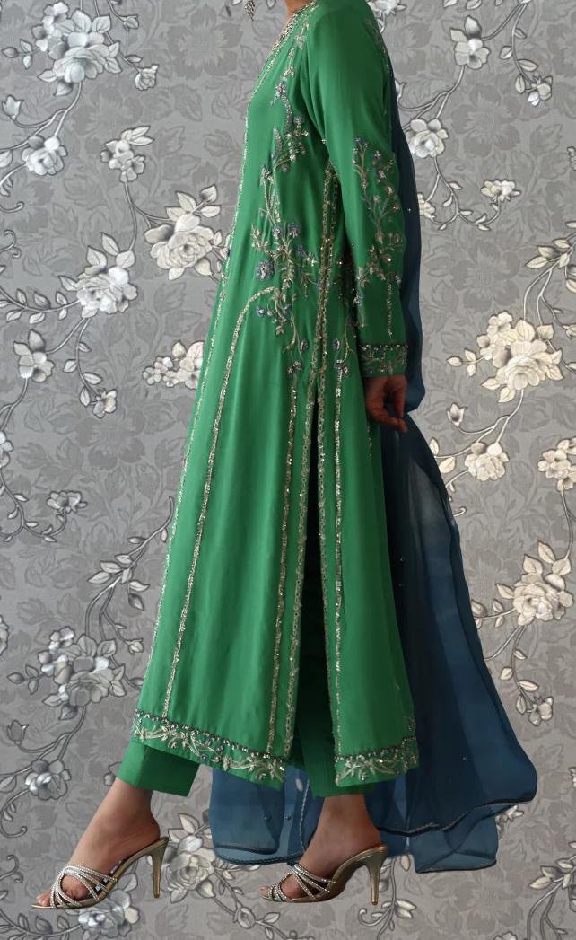 A person wearing a long, green dress with intricate embroidery and silver embellishments, standing against a gray floral background.