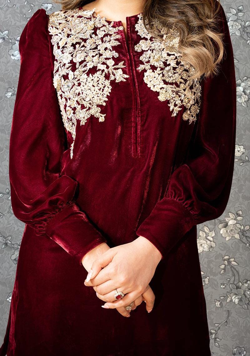 Crimson Velvet Embroidered Formal Suit | 2-Piece Pakistani Outfit by Pink Tulip PR-0335