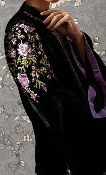Black Velvet Kaftan with Lavender Floral Embroidery | Formal Long Dress by Pink Tulip PR-0336