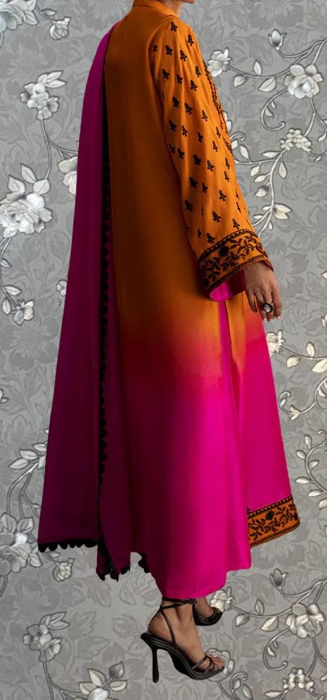 Mustard & Magenta Embroidered Kaftan Dress with Dupatta | Pink Tulip PR-0398