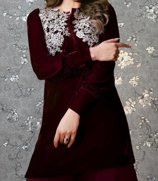 Crimson Velvet Embroidered Formal Suit | 2-Piece Pakistani Outfit by Pink Tulip PR-0335