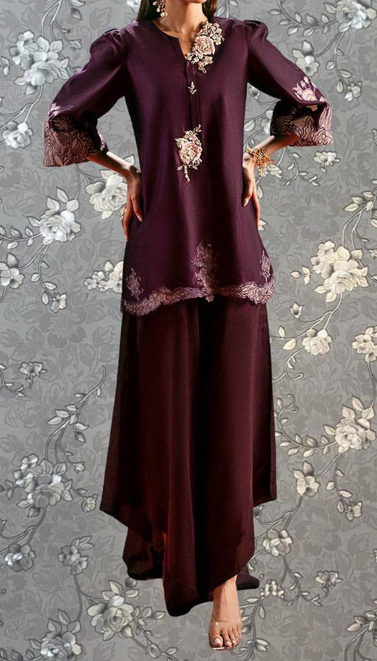 Plum Blossom Embroidered Formal Dress – 3 Piece Designer Outfit by Pink Tulip PR-0329