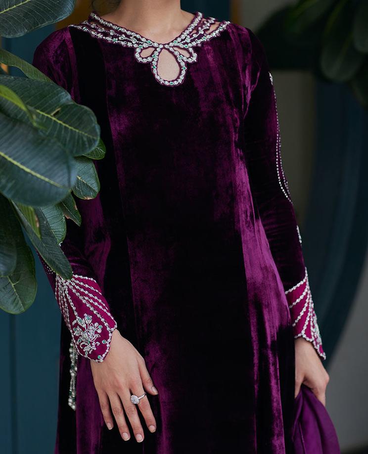 A person wearing a long, purple velvet dress with a floral pattern and a large, beaded collar.