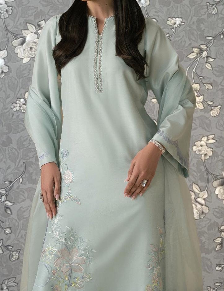 A woman wearing a light blue dress with floral embroidery stands against a gray floral background.